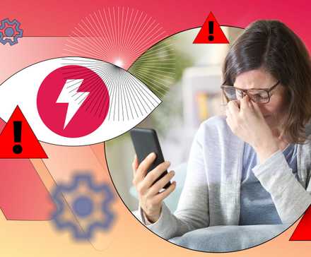 A woman using her phone while rubbing her tired eyes, with an eye icon beside her and multiple warning symbols and settings icons around.