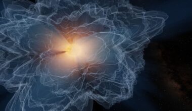 Illustration showing a bright yellow ring with rays of orange yellow light coming out of it, all surrounded by petals of blue and white light against a black background.