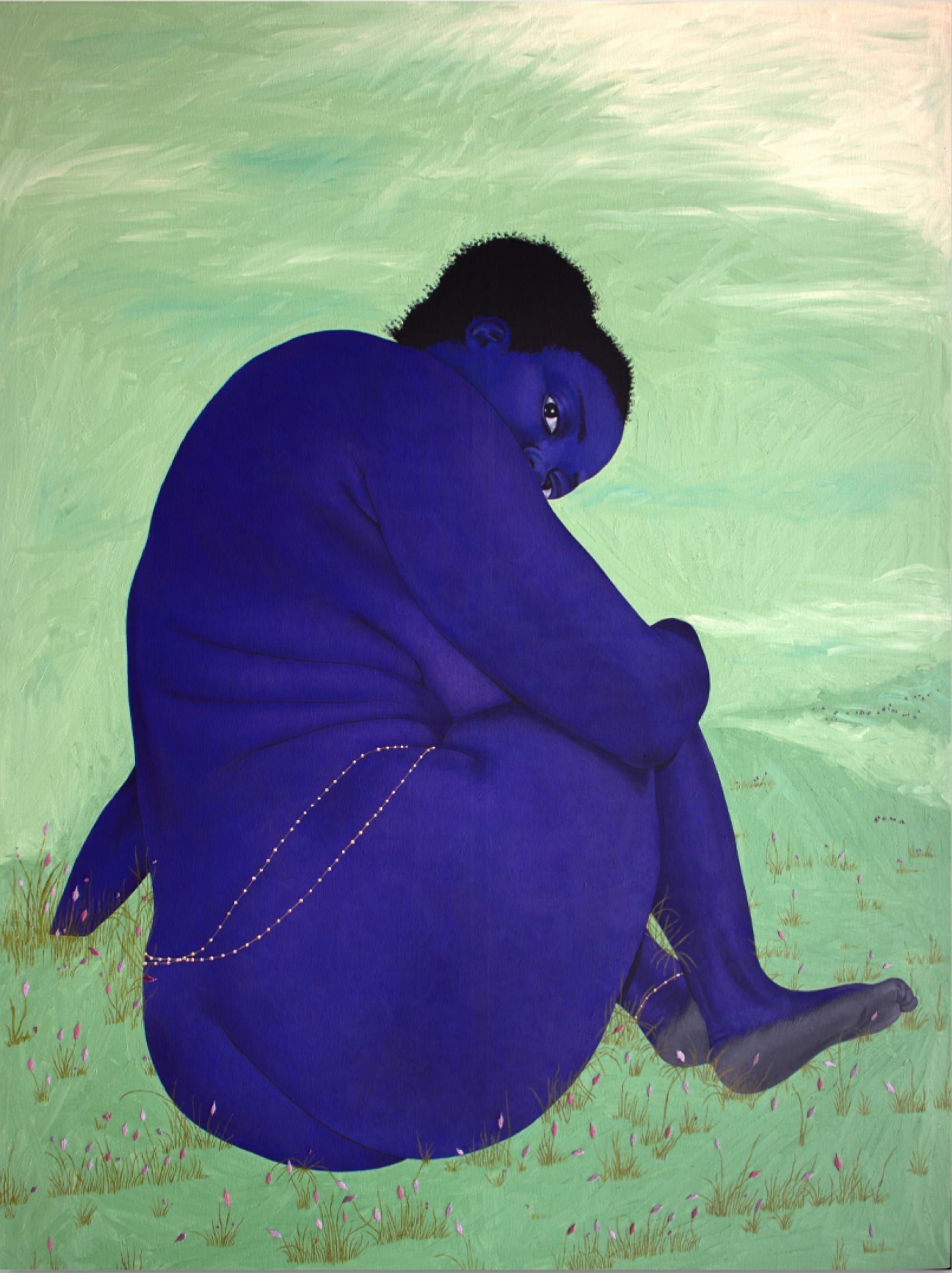 A painting by Stacy Gillian Abe of a blue-toned nude woman seated in a green setting, oriented away from the viewer but turning to look back directly at us