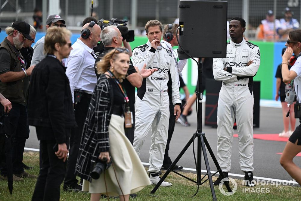 Actors Brad Pitt and Damson Idris filming a scene for his upcoming movie featuring the fictional Apex racing team
