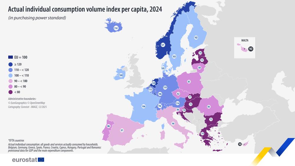 Actual individual consumption volume index per capita, 2024 (in purchasing power standard). Map. Link to full dataset below.