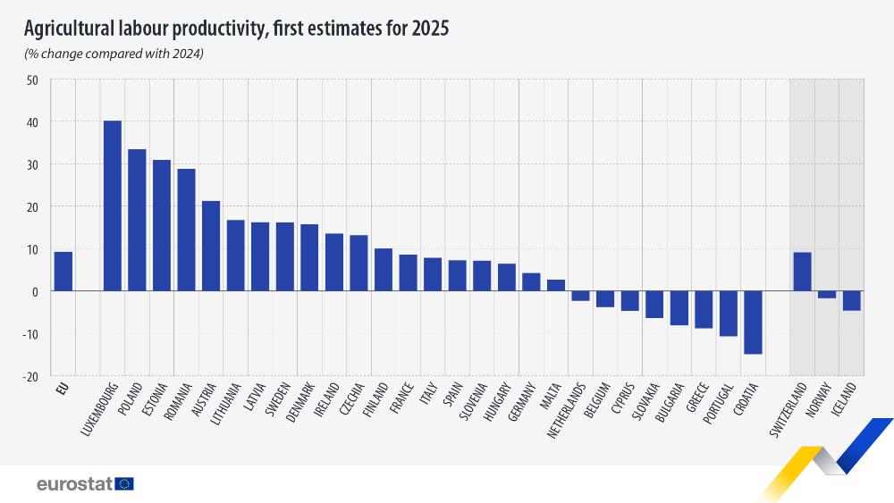 Agricultural labour productivity, first estimates for 2025 (% change compared with 2024). Chart. See link to the full dataset below.