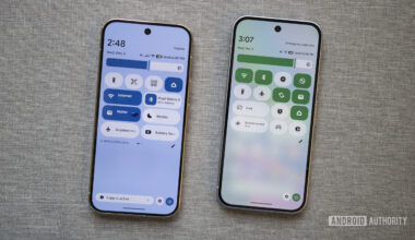 Two Pixels running Android 16, one with background blur effects and one without.