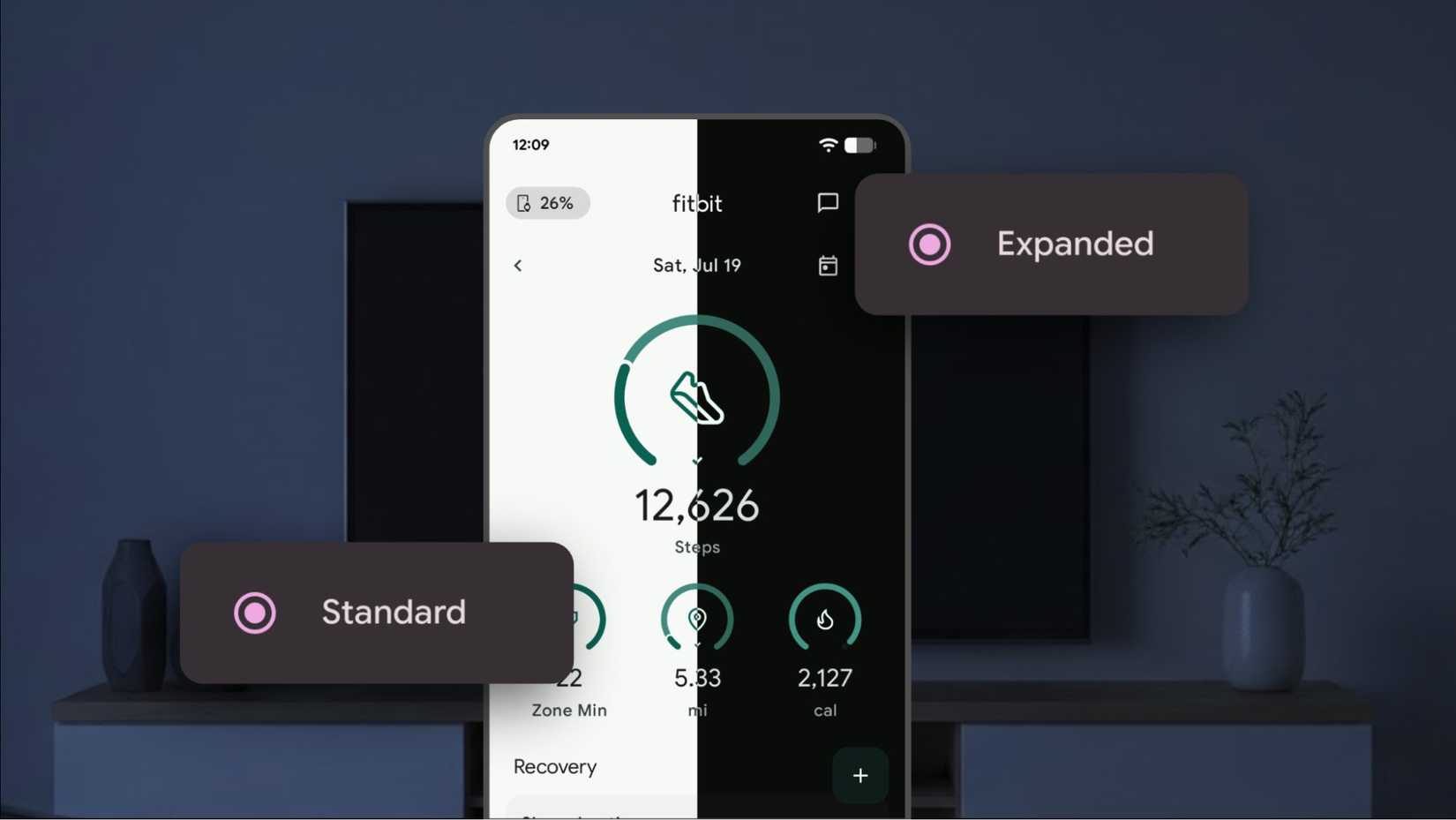 A graphic showing the Fitbit app in light and dark modes