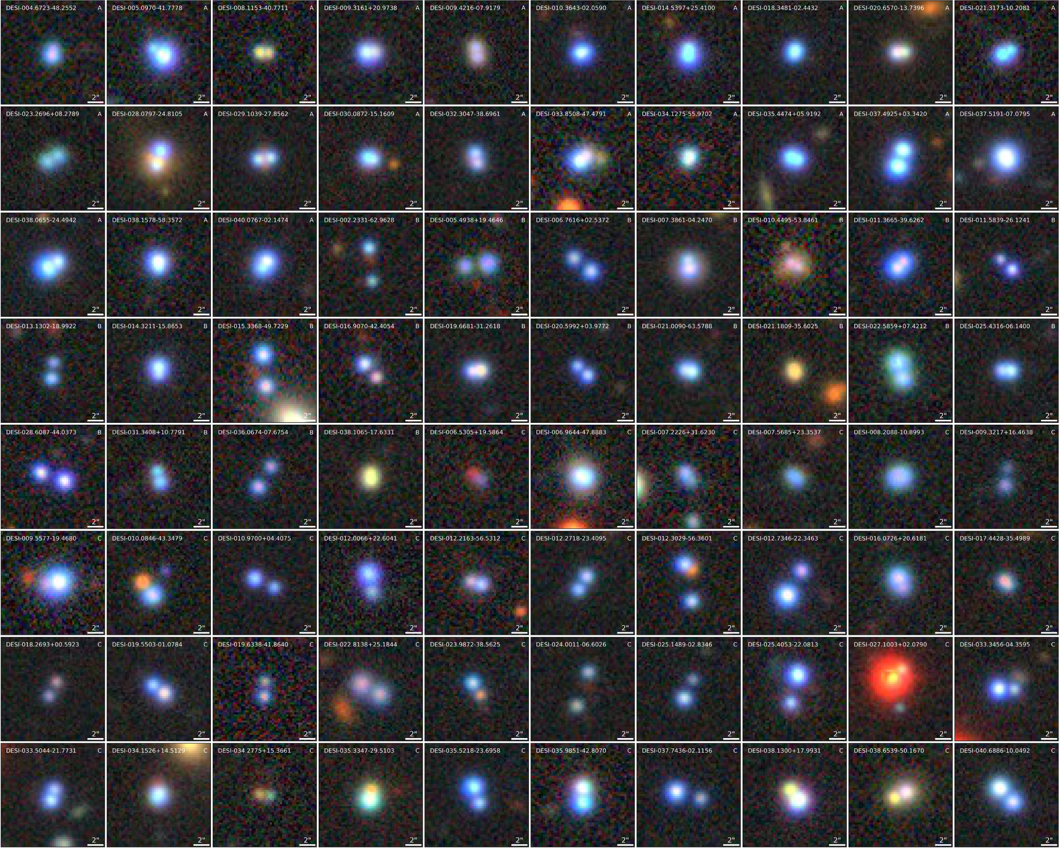 Grid of 64 individual astronomical images showing various stars and galaxies, each labeled with coordinates, against a black background—some depicting gravitational lensing or hints of the hubble tension in cosmic observations.