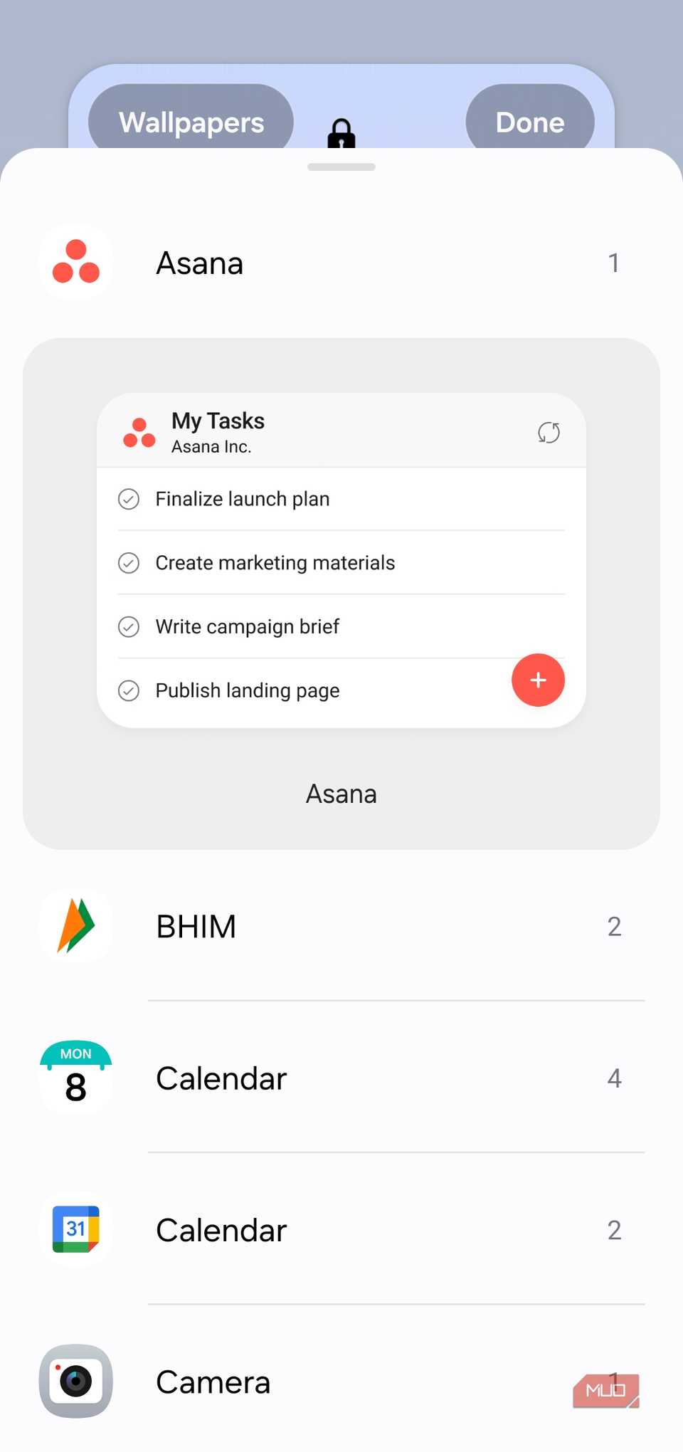 Asana widget for Samsung phone lock screen
