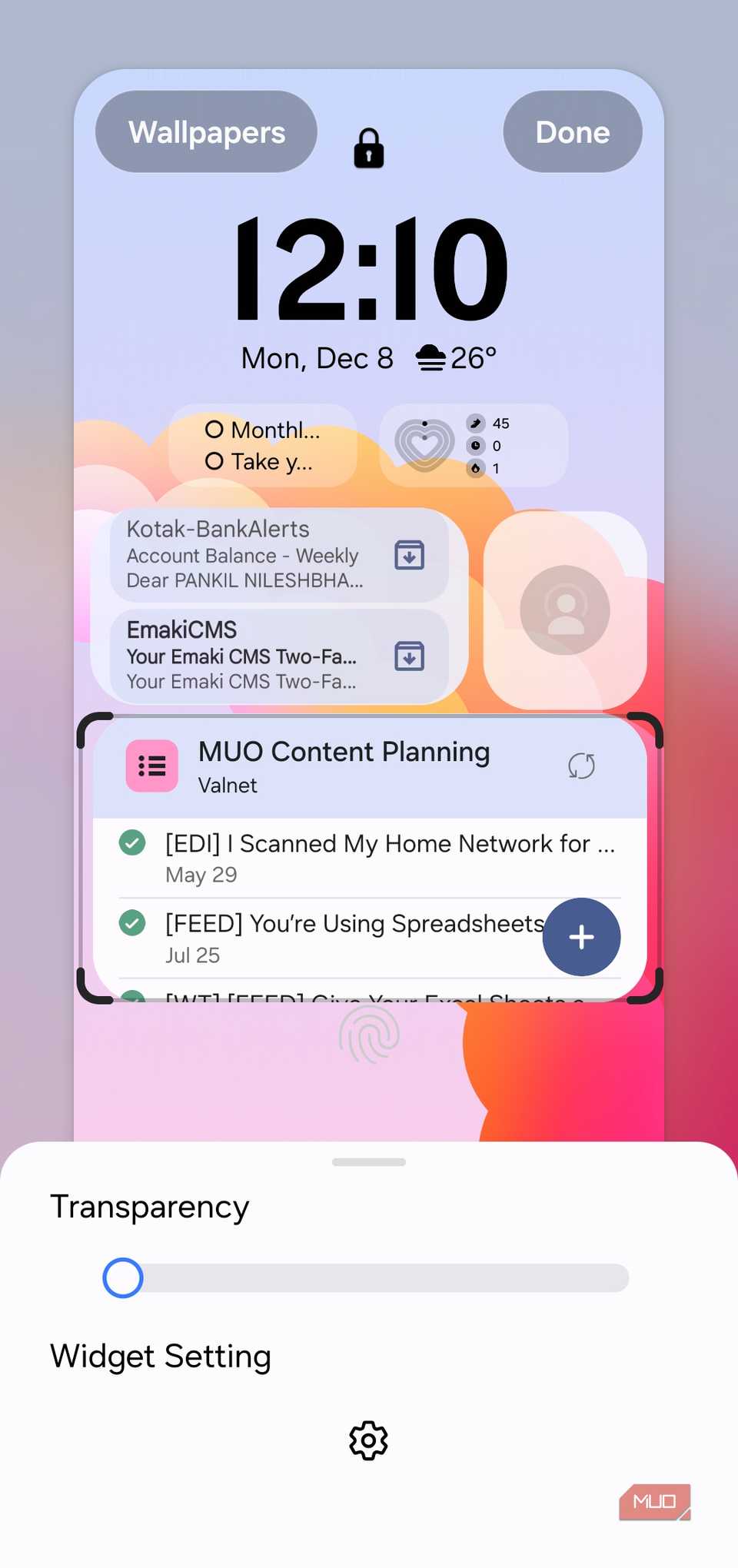 Asana widget on Samsung phone lock screen