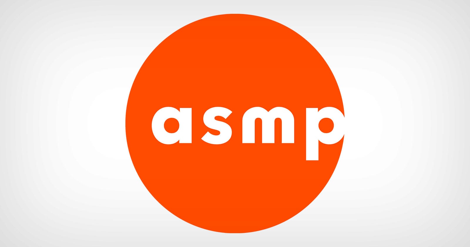 The image shows the lowercase white letters "asmp" centered inside a large, solid orange circle on a light gray background.