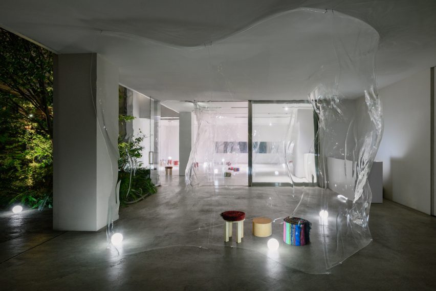 Evening in bar space with transparent walls