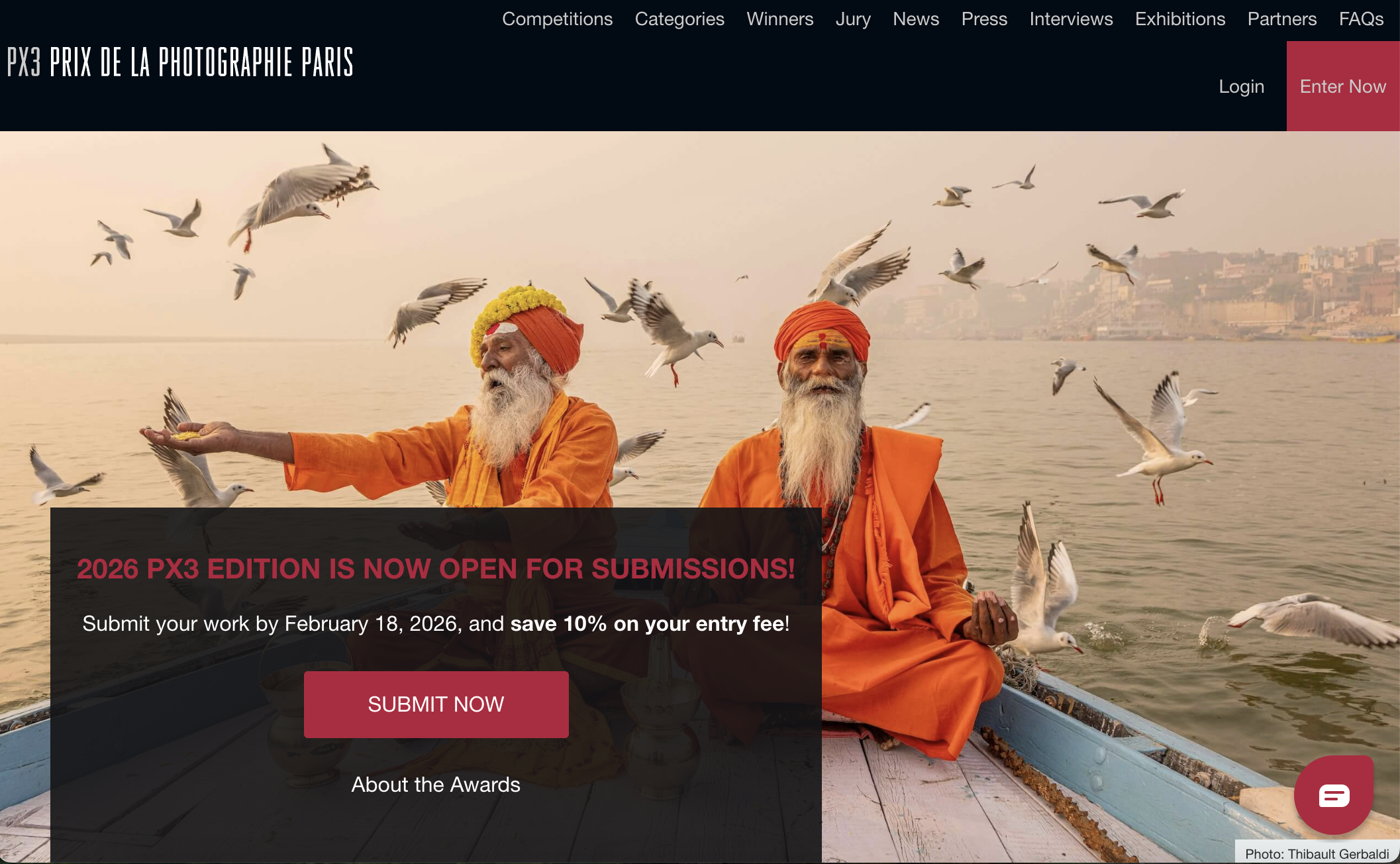 The website for the PX3 Prix de la Photographie Paris, featuring two men in orange robes sitting in a boat surrounded by flying seagulls, with an overlay announcing that the "2026 PX3 EDITION IS NOW OPEN FOR SUBMISSIONS!"