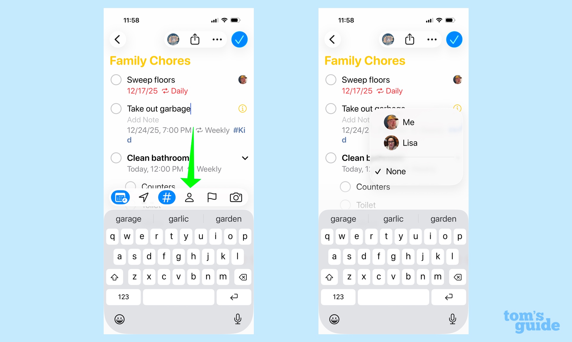 assign tasks in a shared list within Reminders