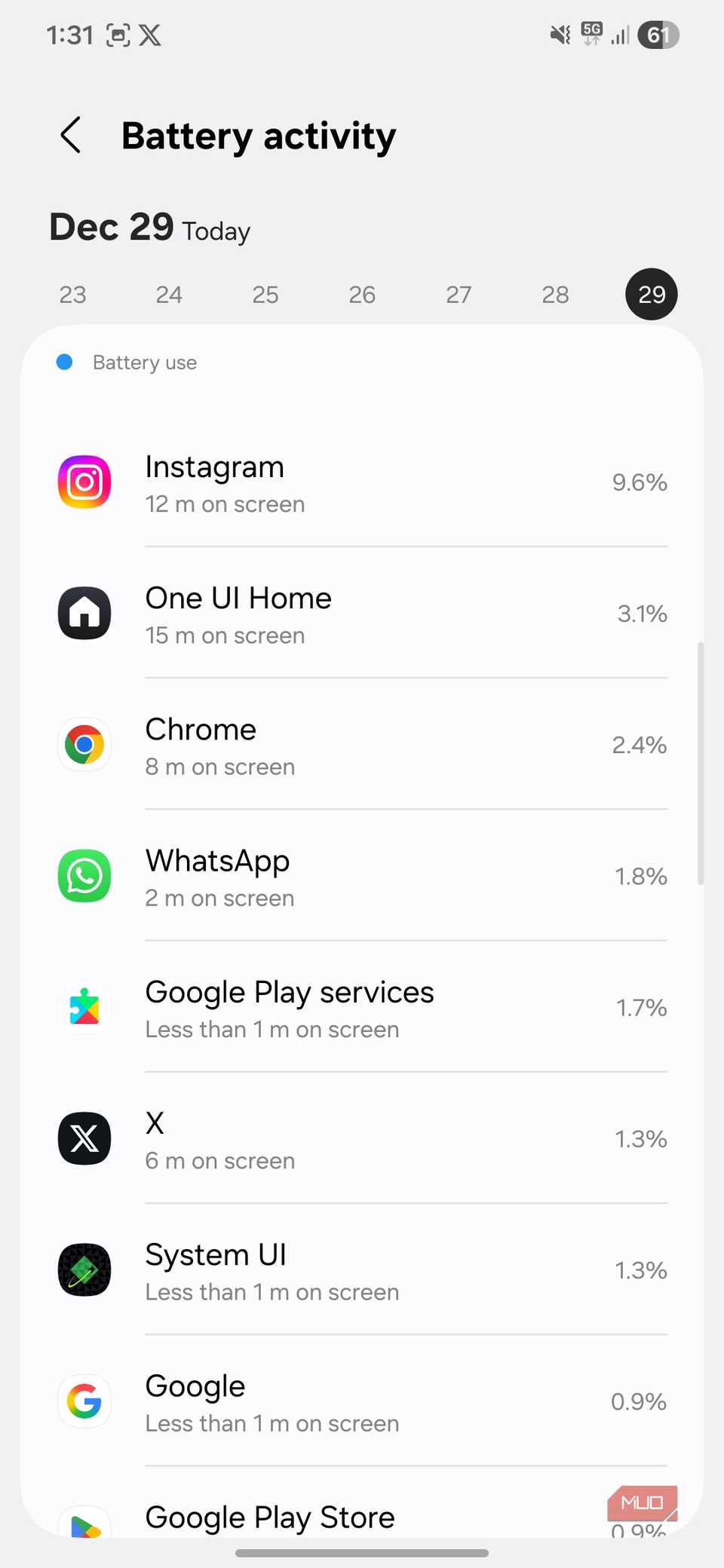 Battery activity menu on Android phone
