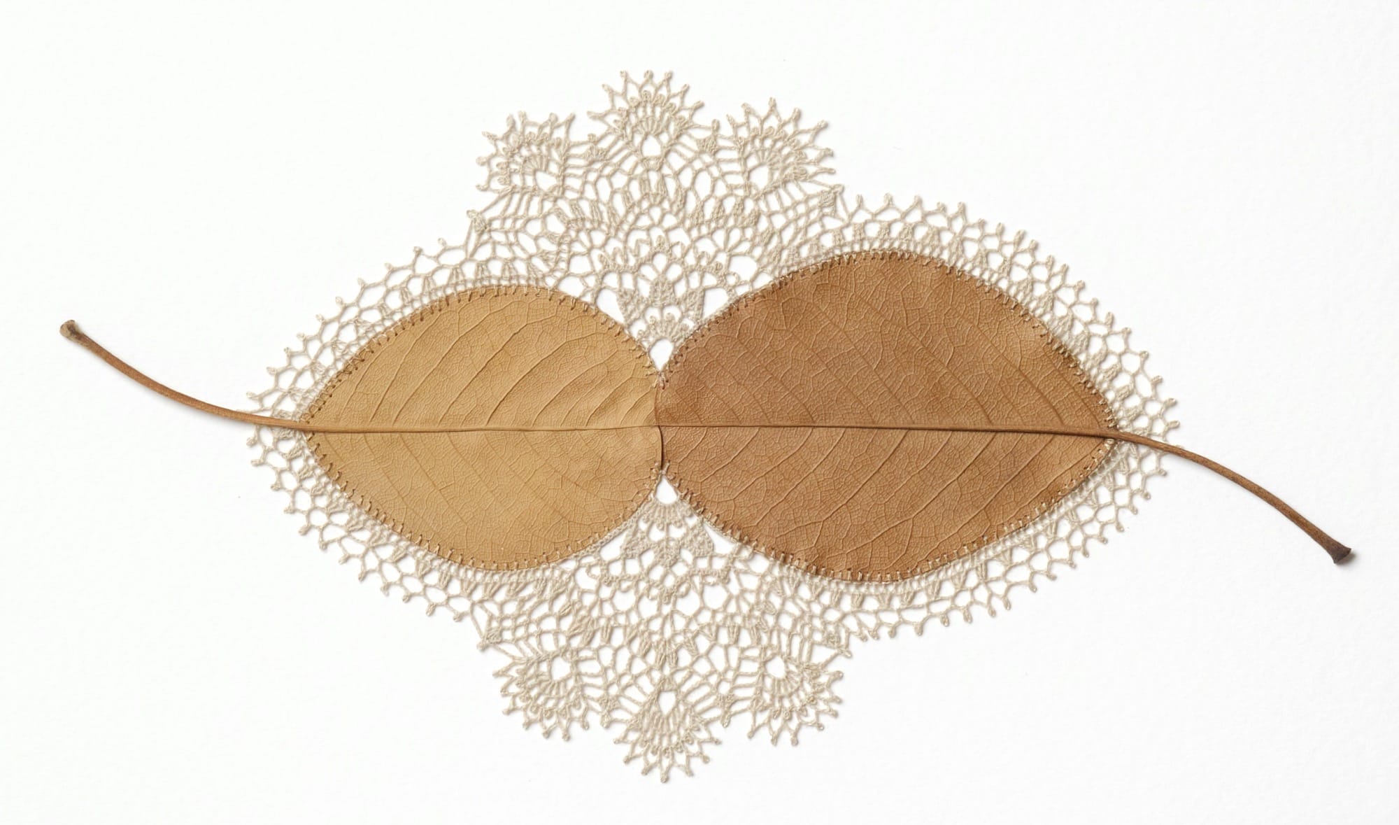 A detail of a composition by Susanna Bauer of two magnolia leaves that have been joined at the point, with elaborate lacework stitched around the edges