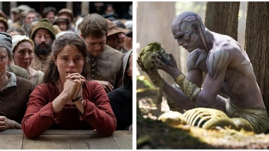 A still from Hamnet (starring Jessie Buckley) and Frankenstein (starring Jacob Elordi).