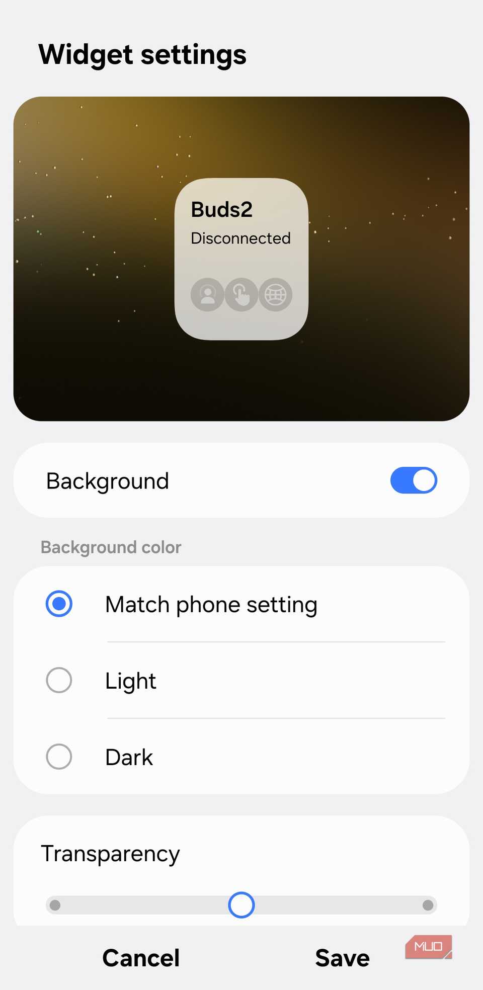 Buds widget setting on Samsung phone