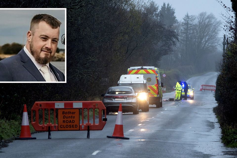 The scene of the road traffic accident on the R738 road from Larkin's Cross to Taghmon at Growtown, Taghmon in Wexford. INSET: the late William Astley. Pic: Jim Campbell
