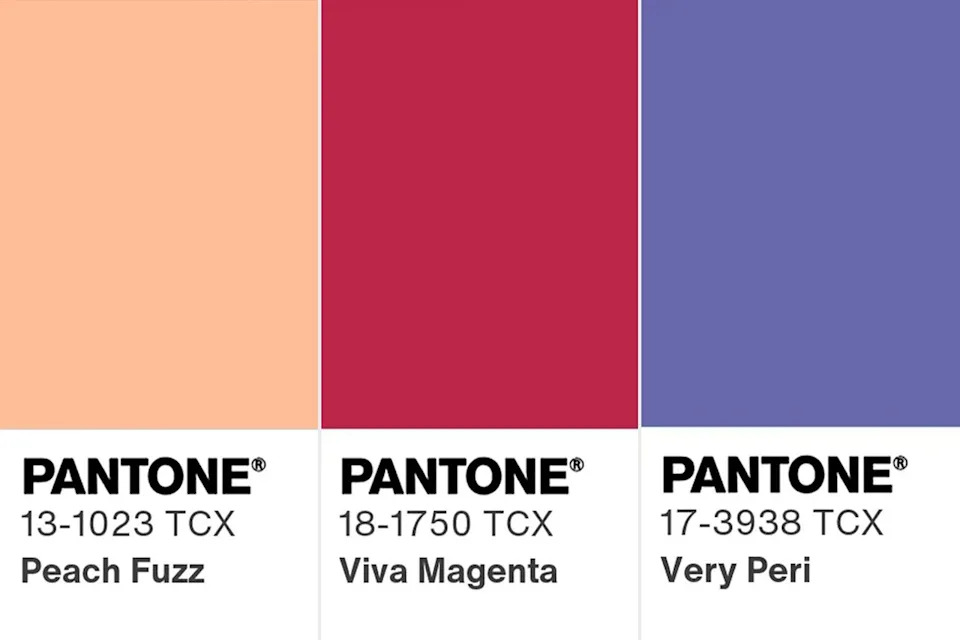 Pantone Pantone's Colors of the Year for 2024, 2023 and 2022: Peach Fuzz, Viva Magenta and Very Peri.