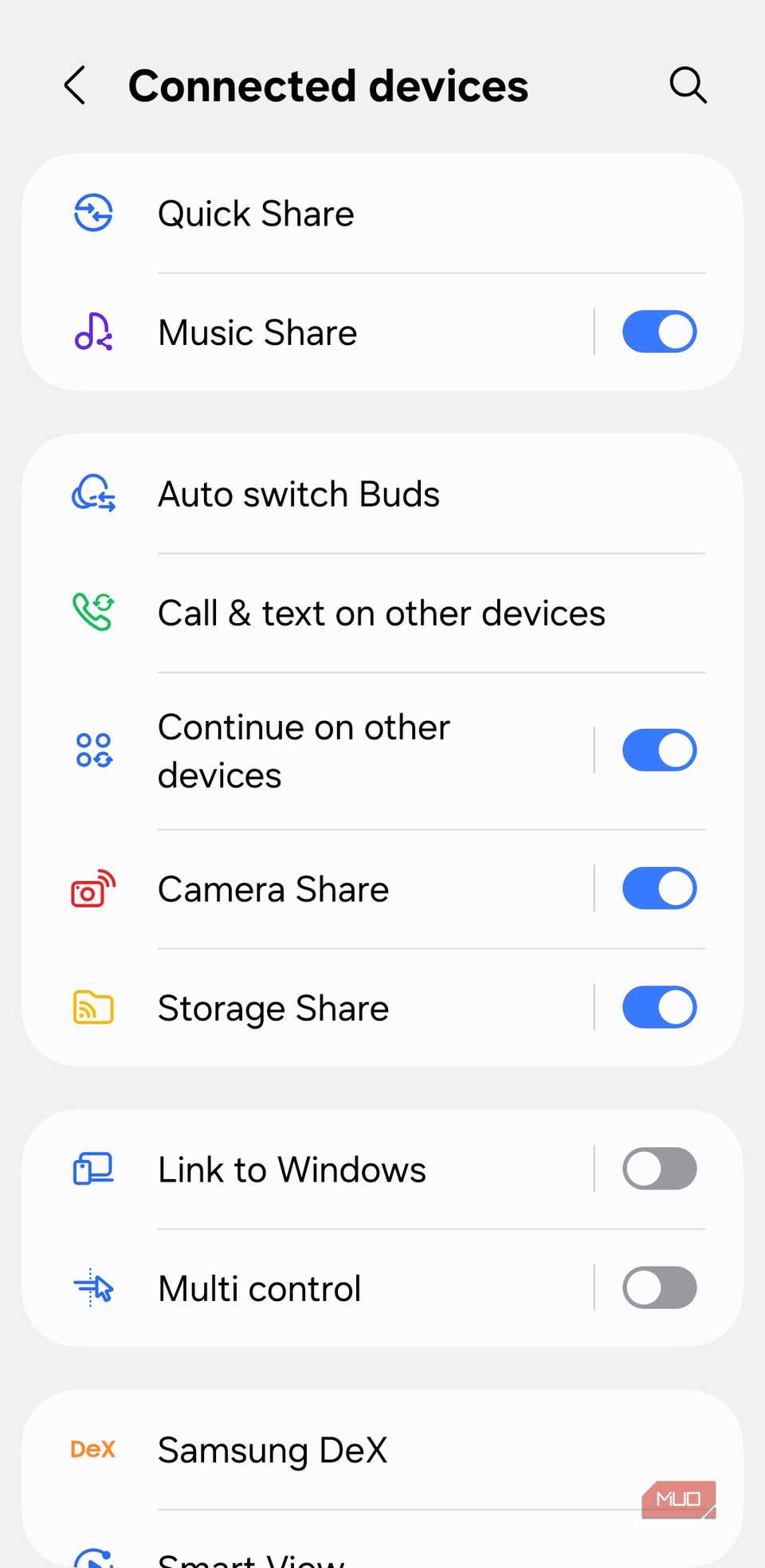 Connected devices settings on Android