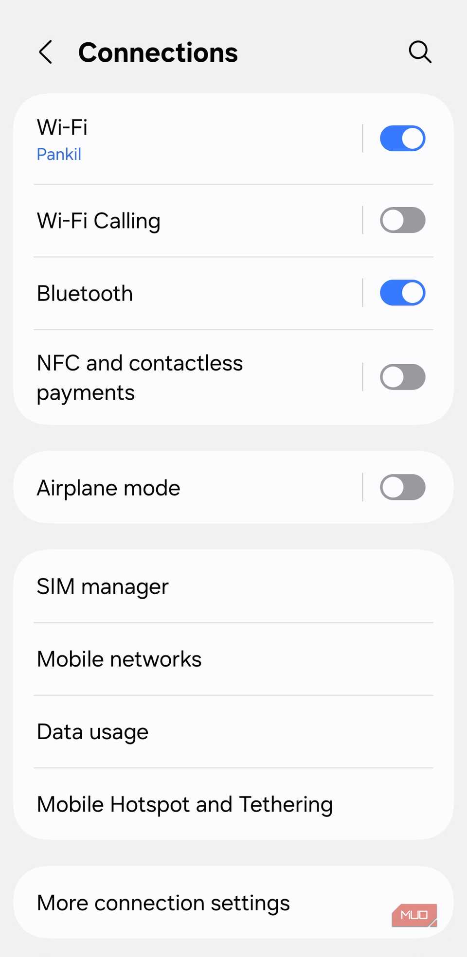 Connections menu on Android