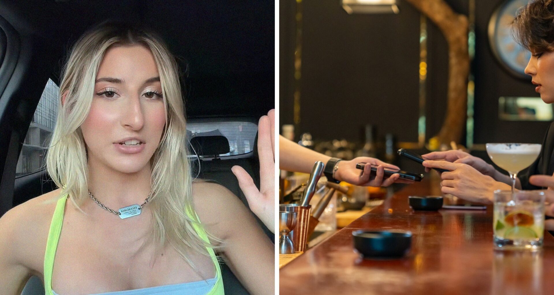 woman shares work experiences (l) woman paying bartender with apple pay (r)