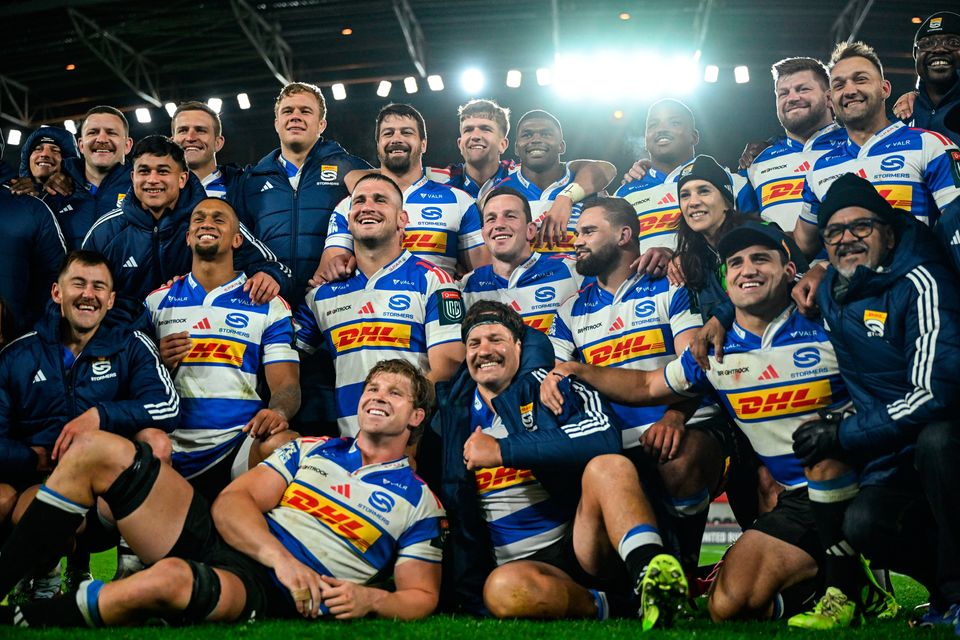 Stormers players celebrate after their victory over Munster on Saturday night at Thomond Park. Photo: Shauna Clinton/Sportsfile