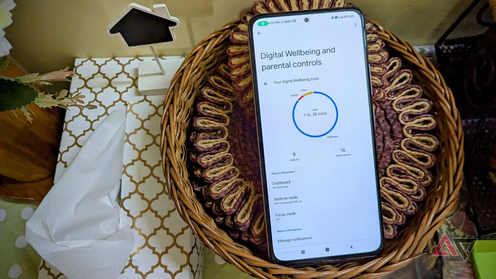 Digital Wellbeing showing in phone screen in basket