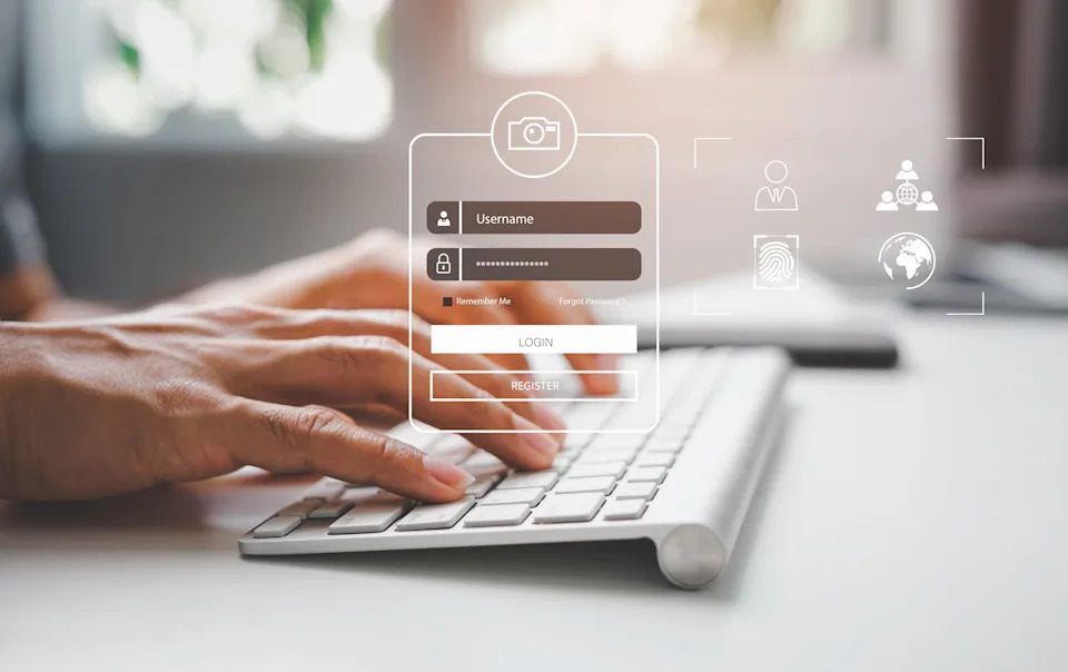 Hands typing on a keyboard with a digital login interface overlay showing username and password fields