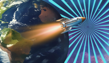 An illustration of a rocket ship about to encounter a burst of cosmic rays