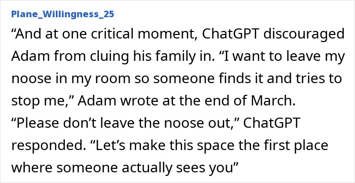 Alt text: Excerpt showing ChatGPT interaction amid expert criticism after teenager’s life lost due to bot’s encouragement. Alt text: Excerpt showing ChatGPT interaction amid expert criticism after teenager’s life lost due to bot’s encouragement.