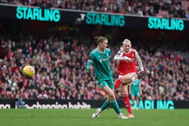 Stina Blackstenius of Arsenal scores her team's second goal during the Barclays Women's Super League match between Arsenal and Liverpool at Emirates Stadium on December 06, 2025 in London, England.