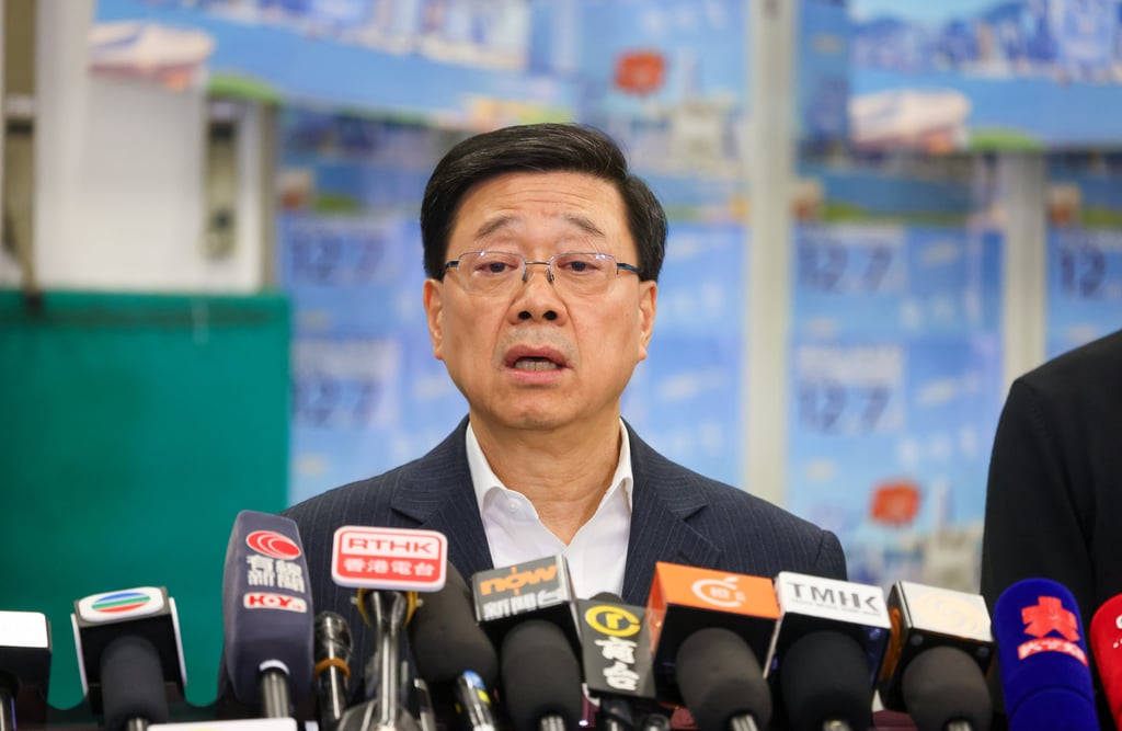 City leader John Lee holds a press conference at the Henry G. Leong Yaumatei Community Centre on Friday. Photo: Dickson Lee