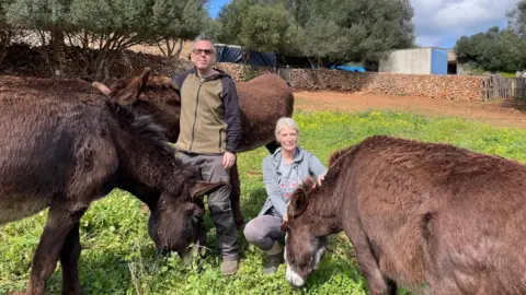 Menorca Donkey Sanctuary Dennis White is standing on the left with his arm around a brown donkey. There is another darker brown donkey stood in front of him, bowing it's head down to eat some grass. Dennis is wearing an olive zip up jacket with black arms, grey trousers and brown boots. He is also wearing glasses. On the right is his wife Jane White who is kneeling down, stroking the bowed head of another brown donkey which is eating grass. Jane is wearing a grey hoodie, over a grey shirt and grey jeans, with brown boots. 