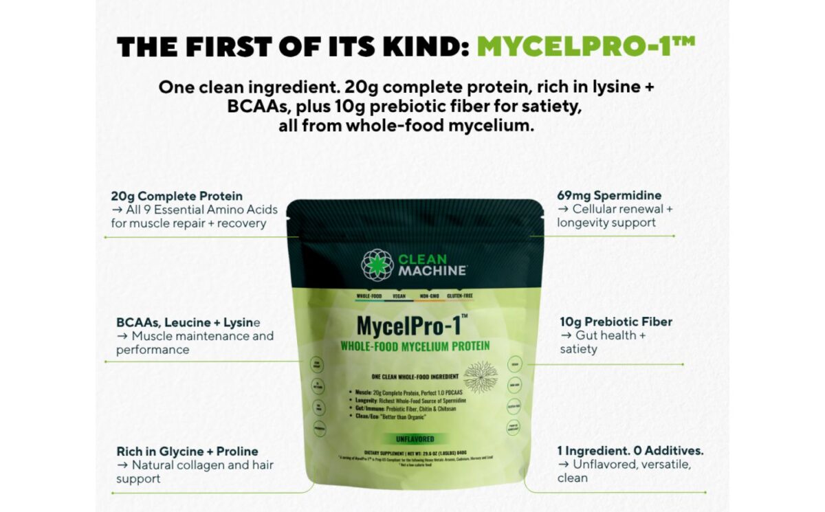 Photo is a digital image featuring Clean Machine's new MycelPro-1, the "powerful" longevity nutrient that founder Geoff Palmer wants everyone to know about