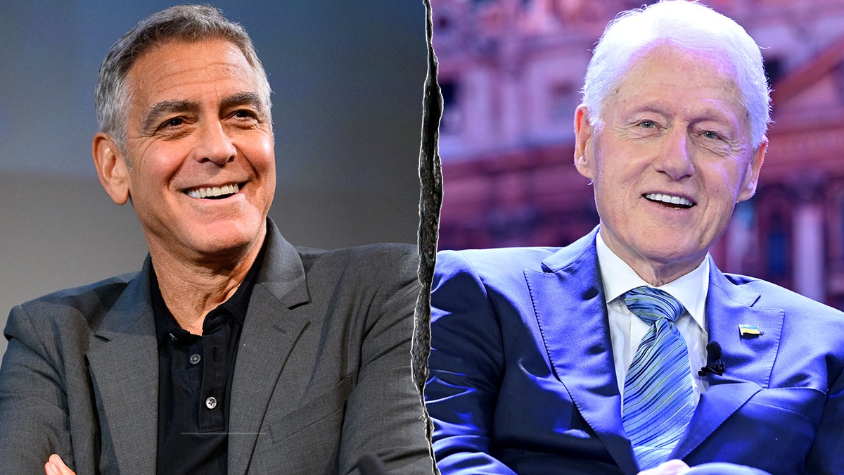 Split photo of George Clooney at an event in London; former U.S. President Bill Clinton speaking onstage at the 2023 Clinton Global Initiative meeting in New York.