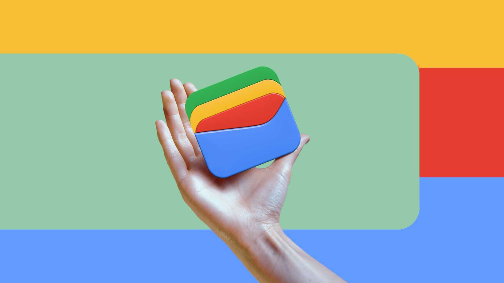 A hand holding the Google Wallet logo against a colorful background with Google’s signature blue, red, yellow, and green stripes