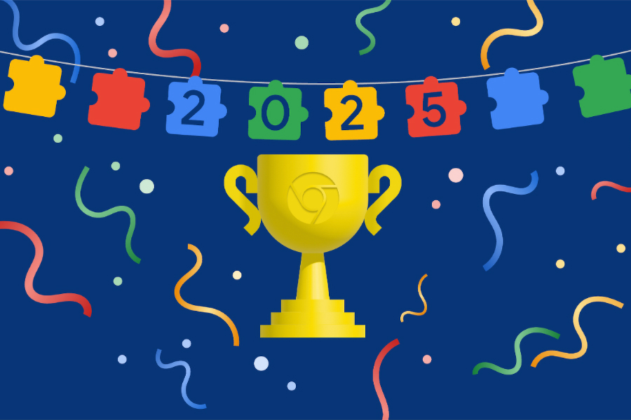 An illustration with the Google Chrome logo on a trophy and bunting saying 2025.