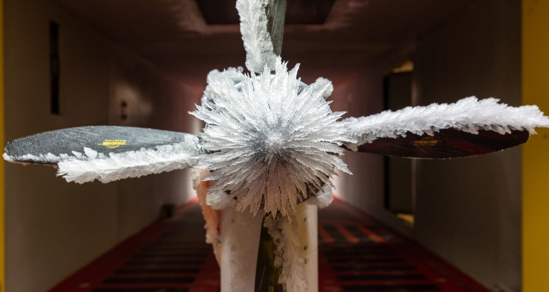 An up-close view of ice that covers propeller blades inside the Icing Research Tunnel.