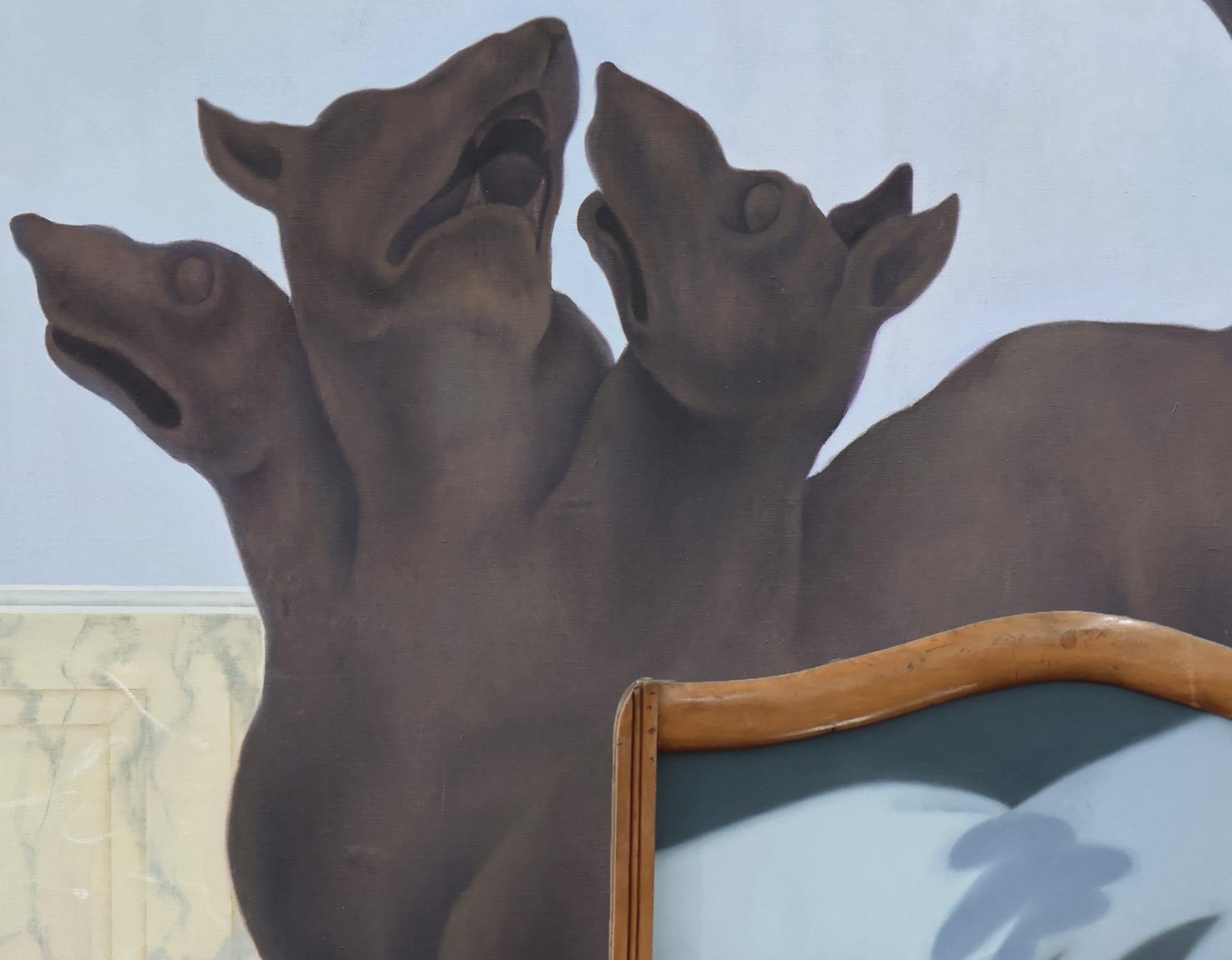 a close up of a work by Shuo of a three headed dog