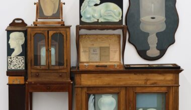 a collection of paintings in wooden furniture by Shuo Hao