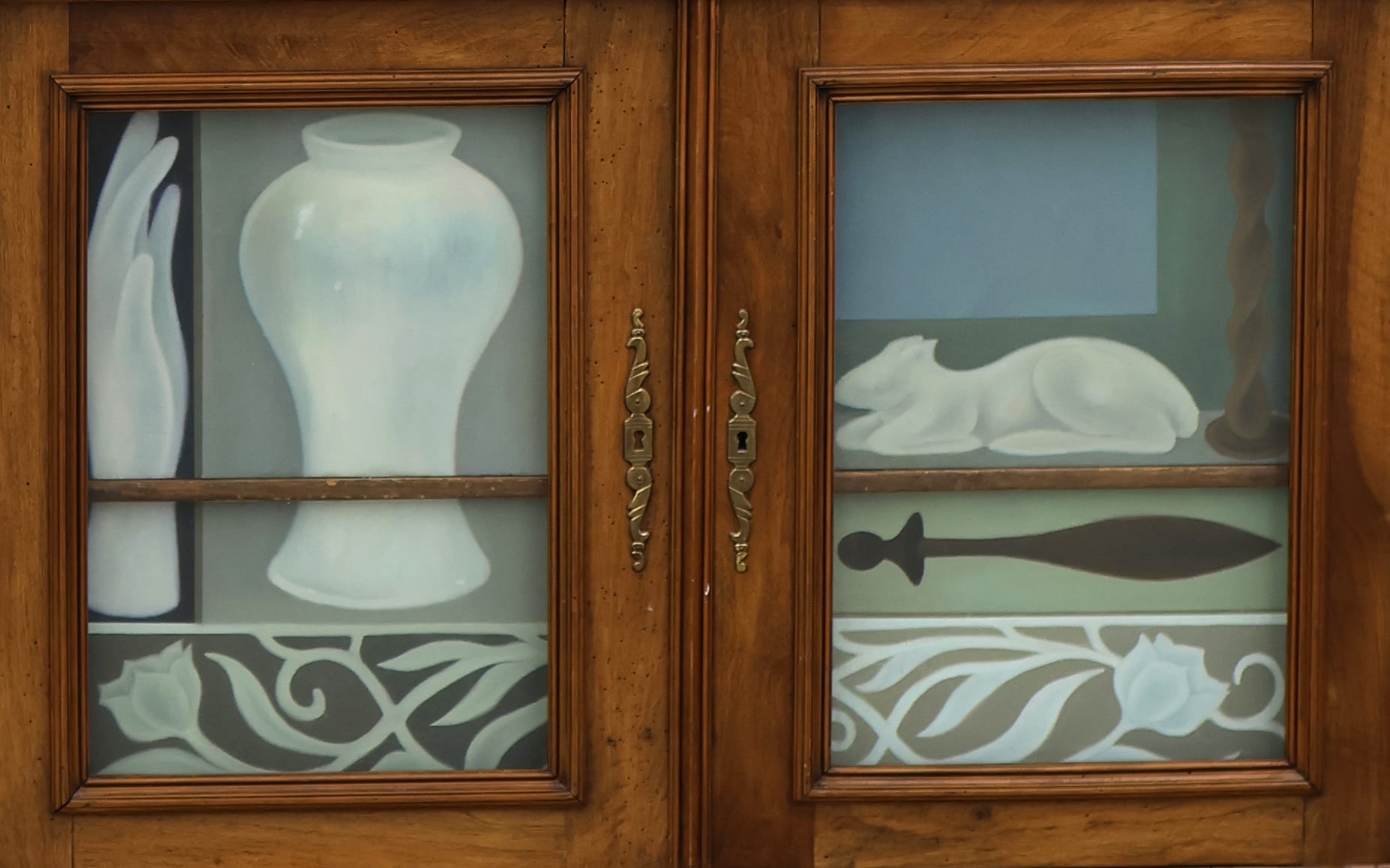 a wooden cabinet with paintings in the doors of a vase, hand, florals, and a dog-like creature by Shuo Hao