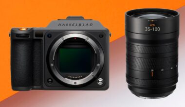 A Hasselblad mirrorless camera body is shown next to a detachable XCD 35-100mm camera lens, both displayed against an orange and white gradient background.