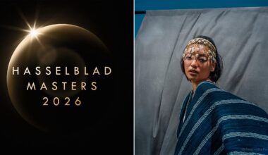 Split image: Left shows "Hasselblad Masters 2026" text over a dark eclipse background. Right shows a woman in blue clothing and decorative headpiece posing against a gray backdrop.