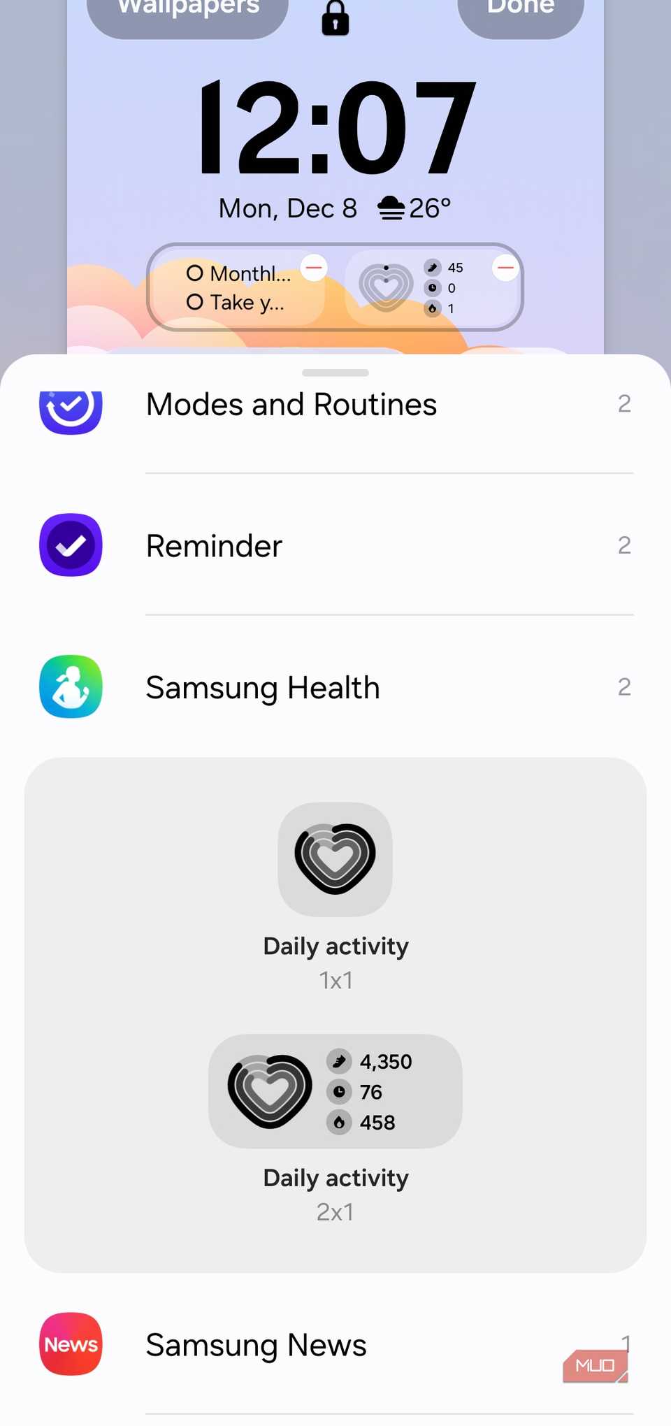Health widget for Samsung phone lock screen