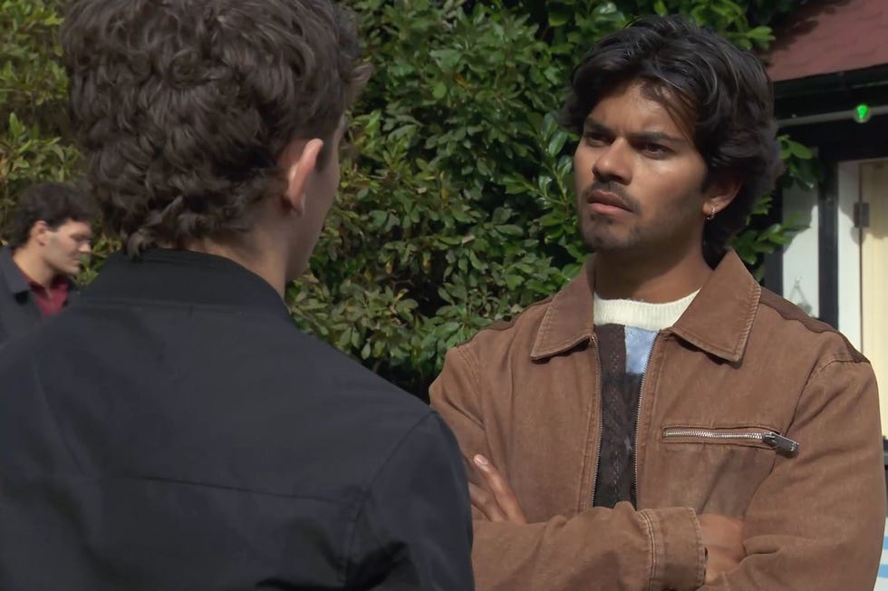 Hollyoaks, Lucas Hay and Dillon Ray hollyoaks, lucas hay and dillon ray outside in the park facing each other