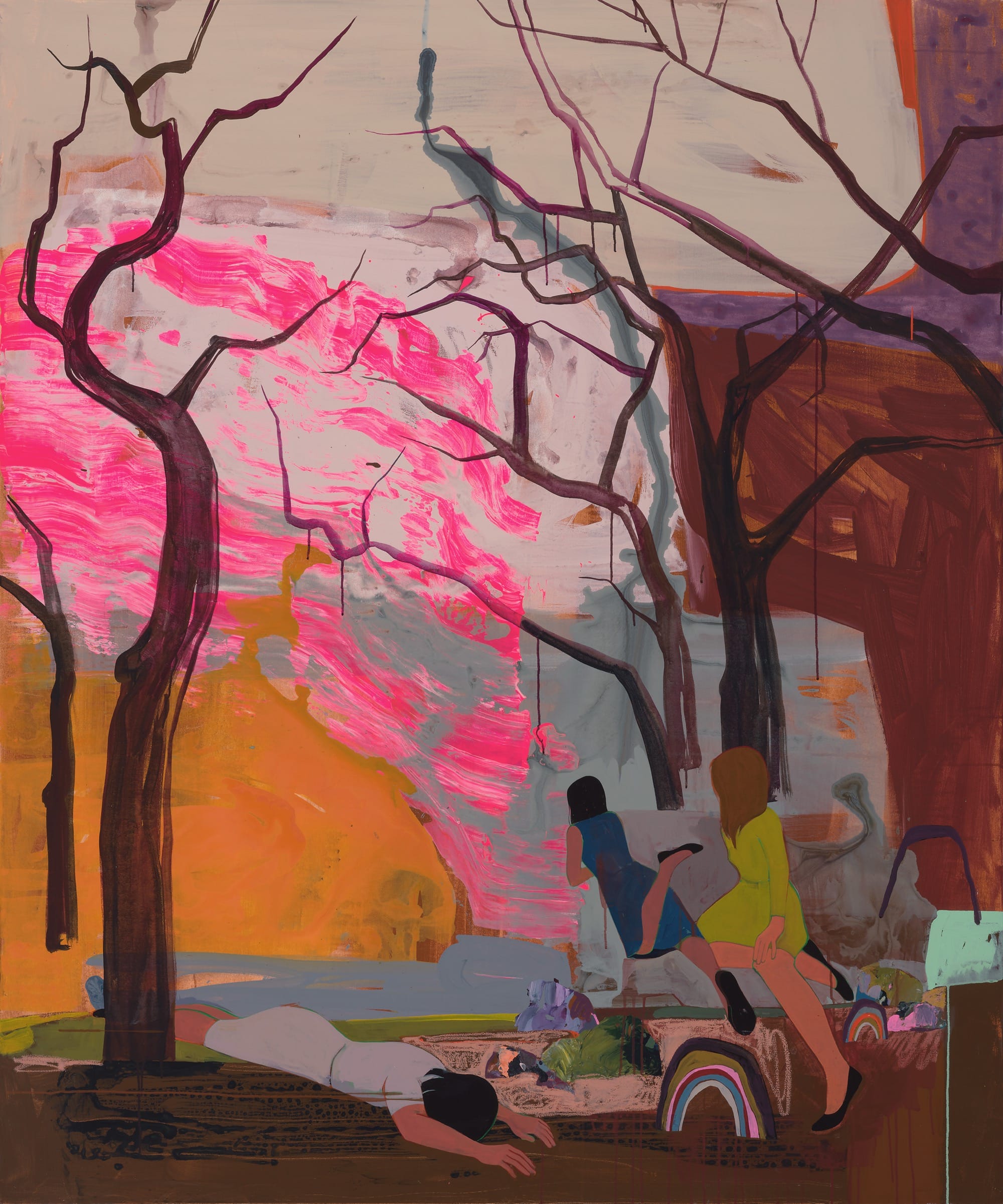 an abstract landscape painting by Seonna Hong with small figures in the foreground