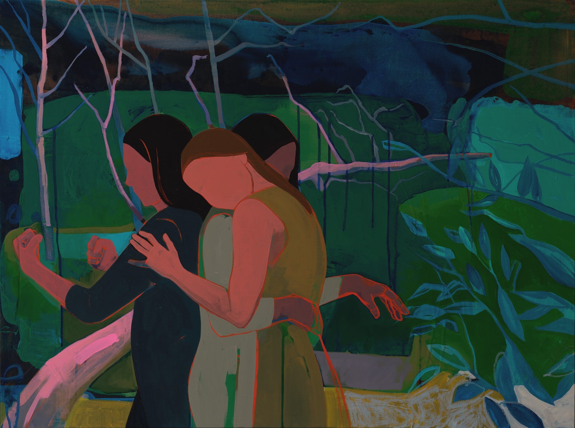 an abstract landscape painting by Seonna Hong with small figures embracing