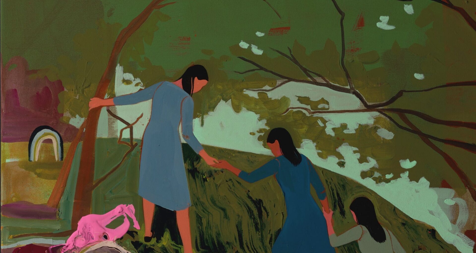 an abstract landscape painting by Seonna Hong with small figures in the foreground