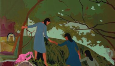 an abstract landscape painting by Seonna Hong with small figures in the foreground