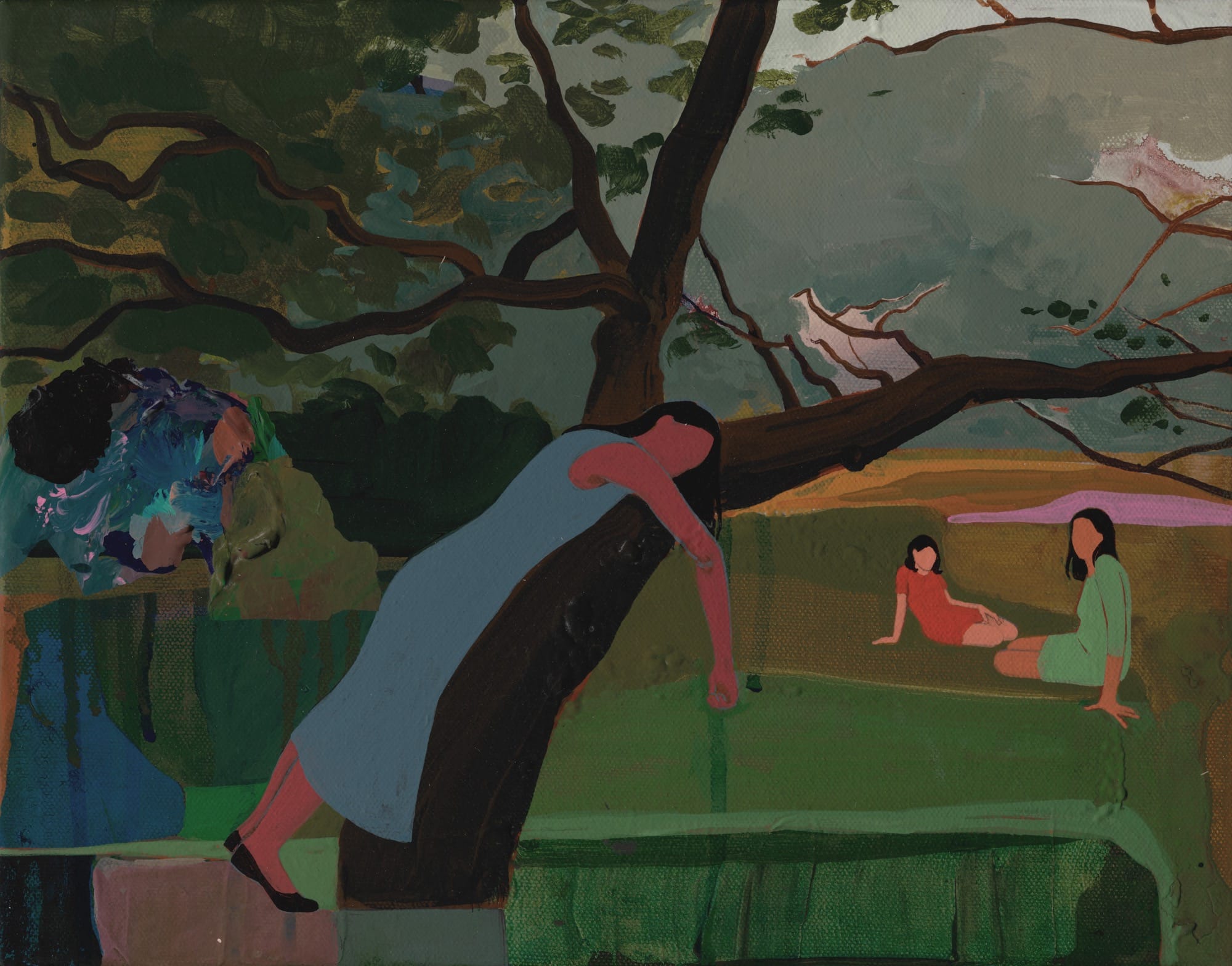 an abstract landscape painting by Seonna Hong with small figures, one lying on a tree branch