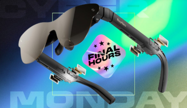 Black smart glasses against dark blue, blue and green CNET background.